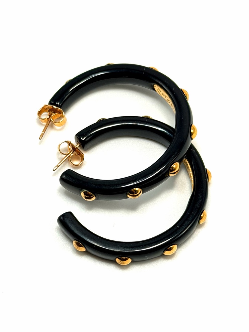 Coach Black Lucite Gold Tone Studded Hoop Earrings 1.5” Logo - Picture 12 of 14